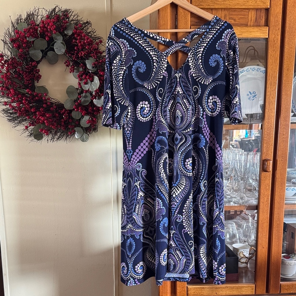 Chico's Navy and Purple Paisley Crisscross-Back Midi Dress Size 0 - Picture 3 of 8